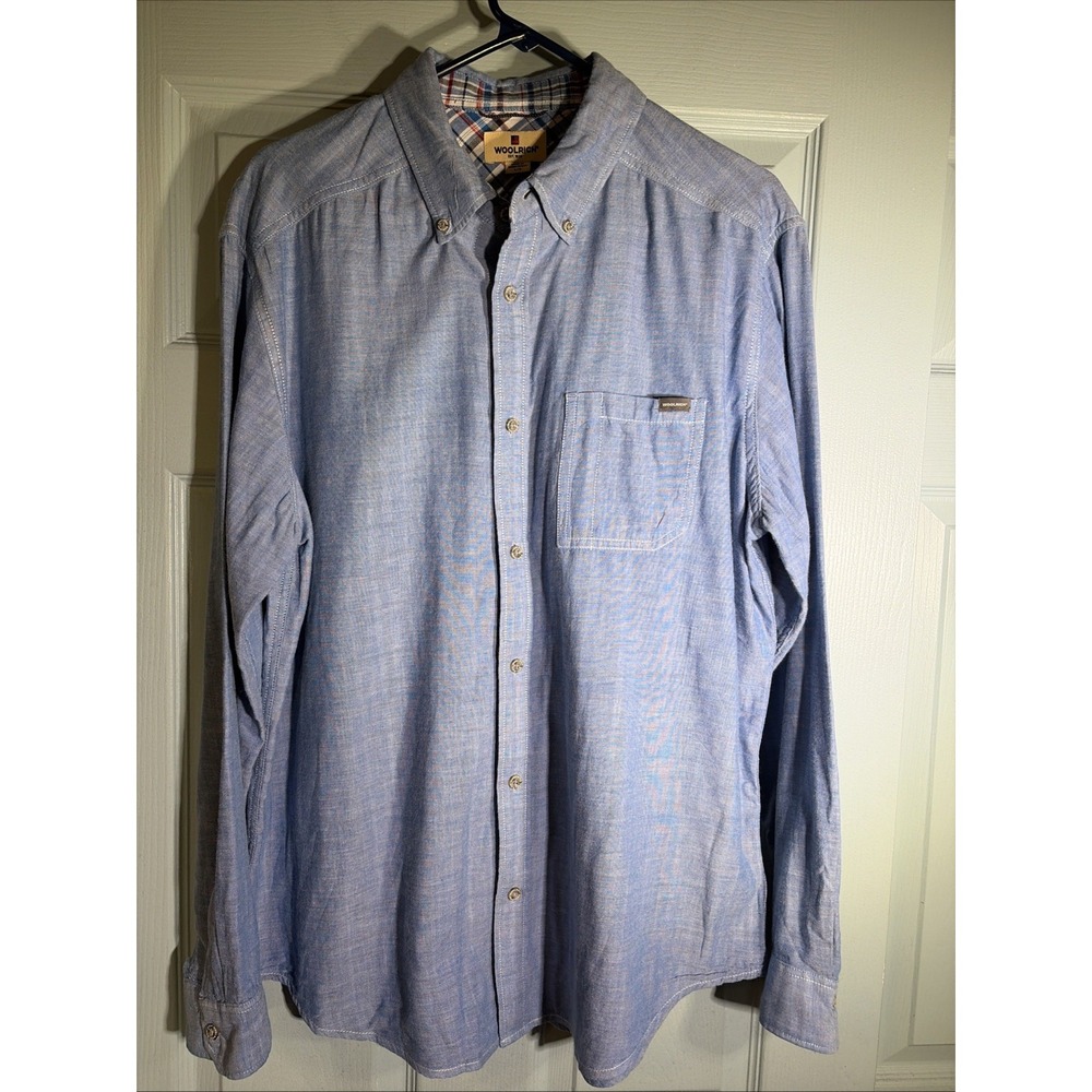 Woolrich Chambray Button Down Mens L Blue Plaid Trim 100% Cotton